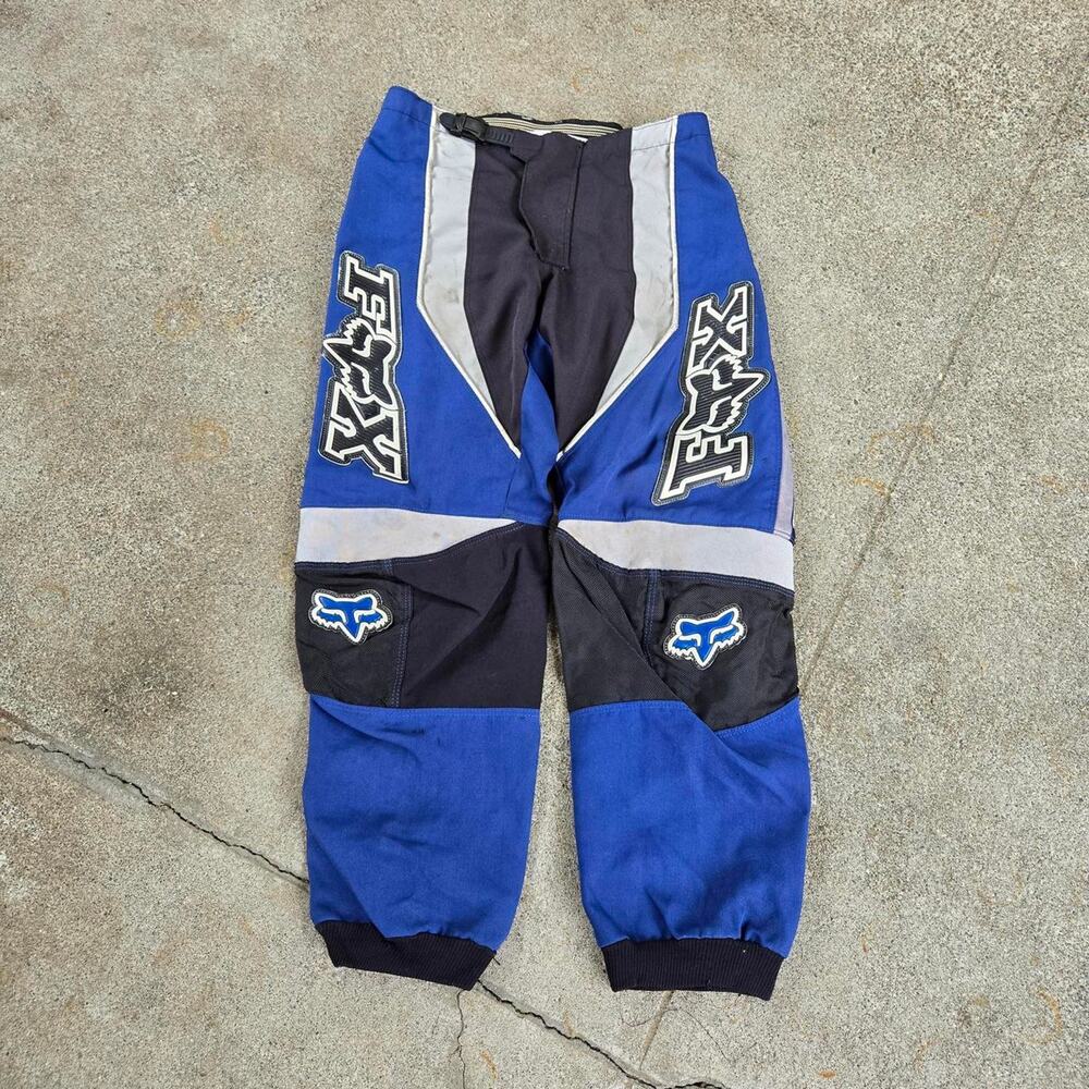 Vtg Y2k FOX RACING Multi Embossed Logo Colorblock Biker Motocross Pants Blue 29"